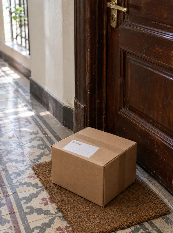 Caja de cartón lisa en la puerta de un departamento