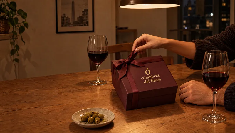 Una mano desatando el moño de la caja sobre una mesa con una copa de vino